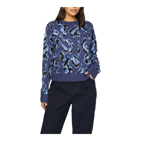 Derek Lam Collective Blue Black Animal Print Crewneck Sweater Large Long Sleeves - Picture 1 of 7